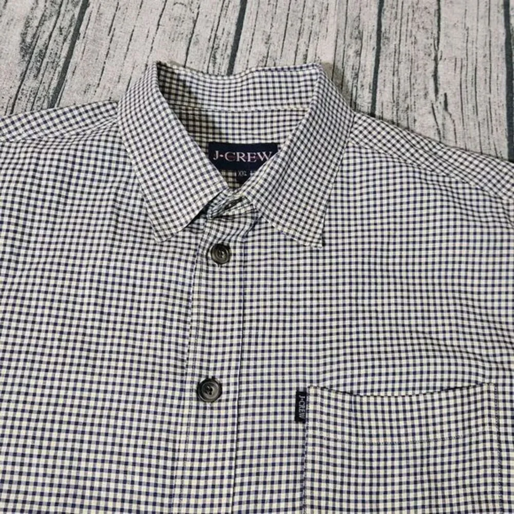 J.Crew Button-Up Mens 2XL Blue Check Short Sleeve Cotton Blend Slim Fit